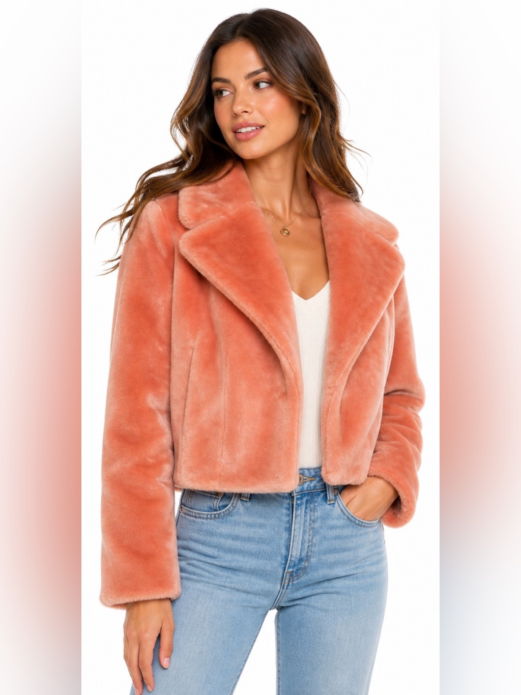 Diane Von Furstenberg Faux Fur Jacket Coral Pink Cropped Coat M Nwot